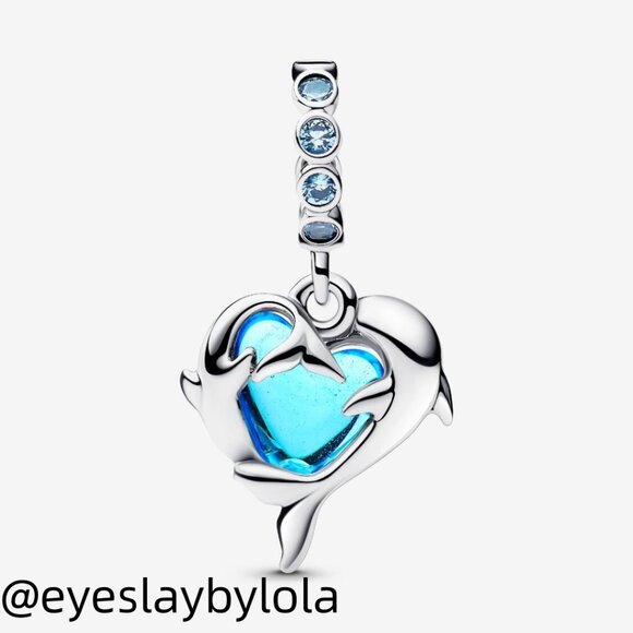 Pandora Blue Murano Glass Dolphins Dangle Charm - Picture 6 of 7